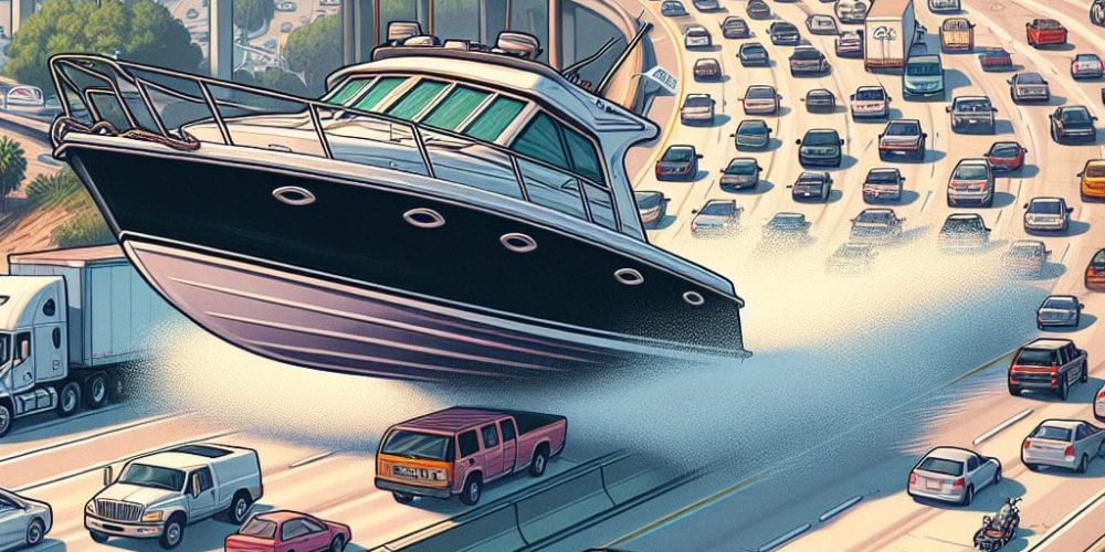 Uncontrolled boat skims over California freeway, narrowly avoiding vehicles in Bellflower.